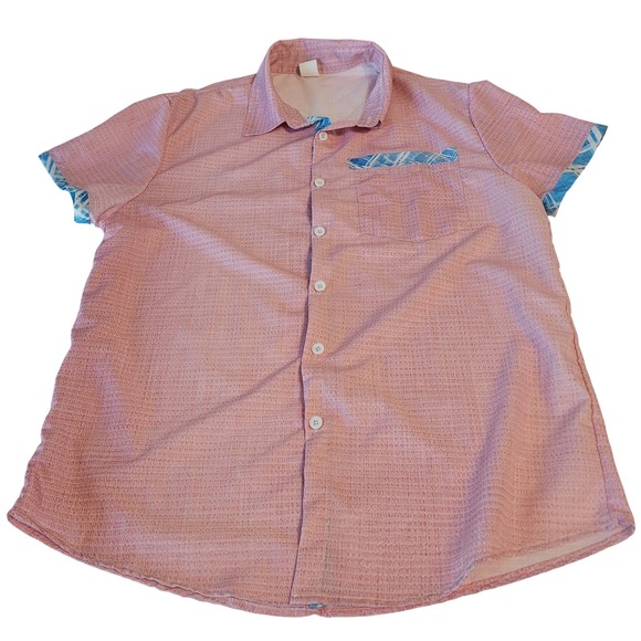 Unbranded Other - Unbranded Short Sleeve Button Down Men Medium Pink Plaid Trim Textured Shirt
